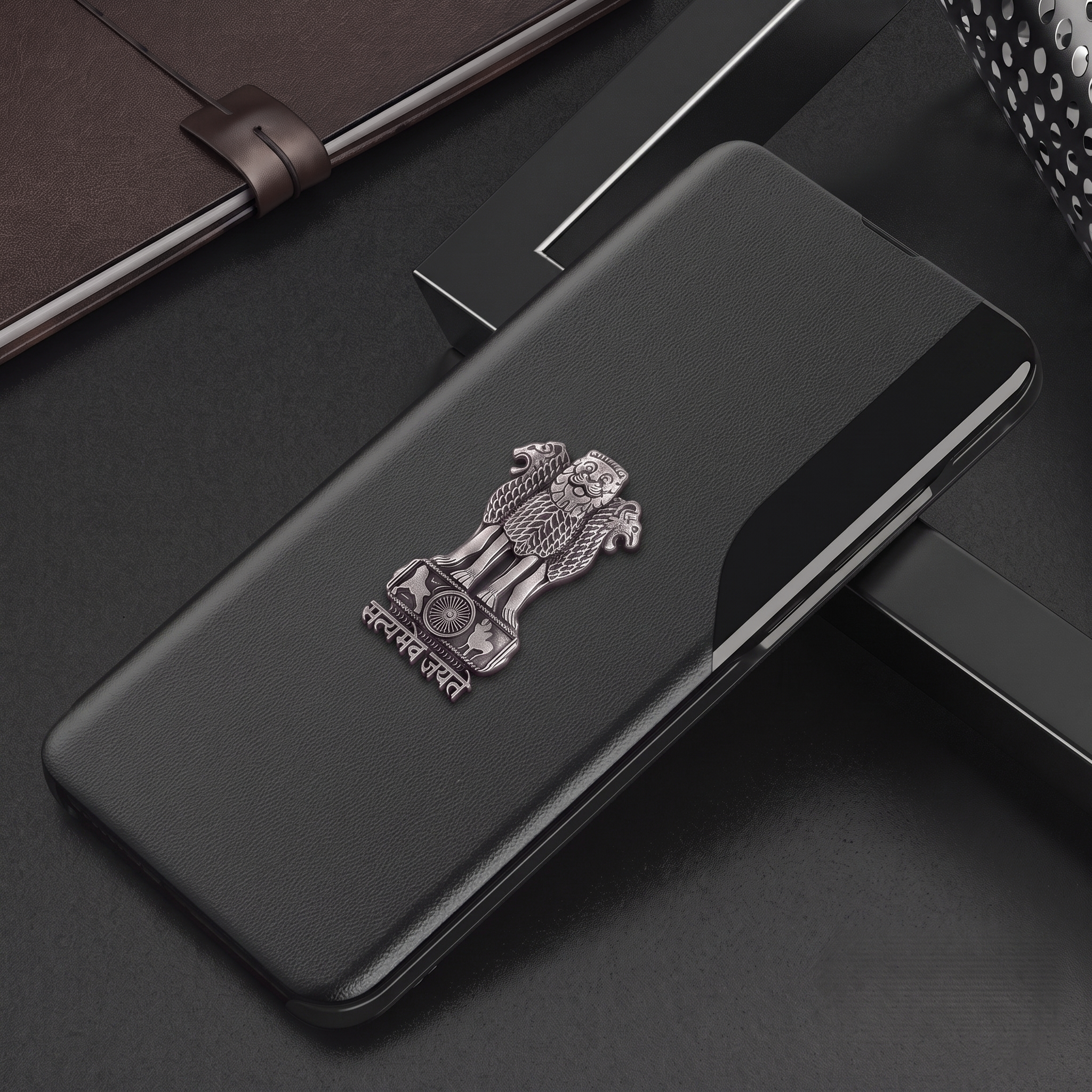 Vivo V40 Pro 5G Metal Emblem Satyamev Jayate Half Window Leather Flip Case