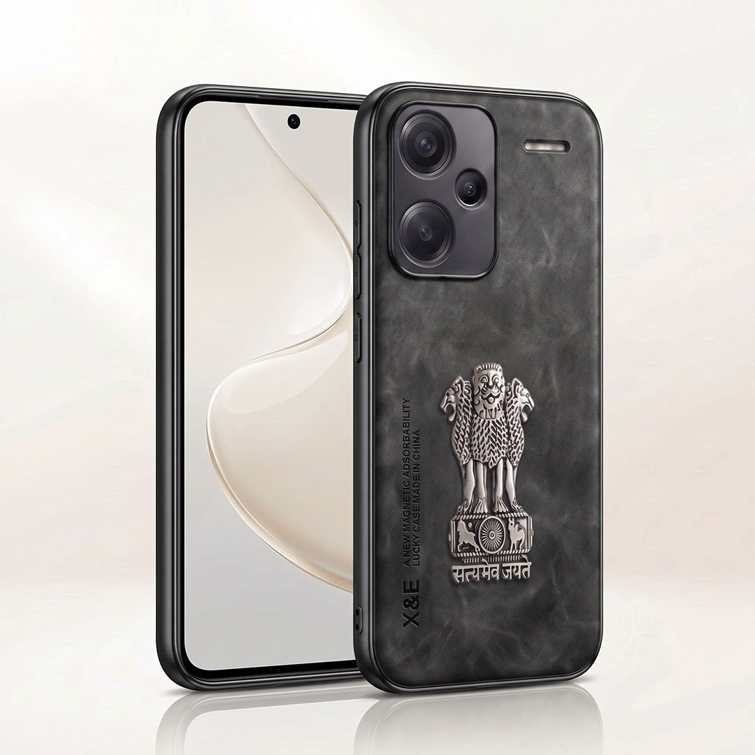 Redmi Note 13 Pro+ 5G Metal Emblem Satyamev Jayate Comfortable Sheepskin Phone Case
