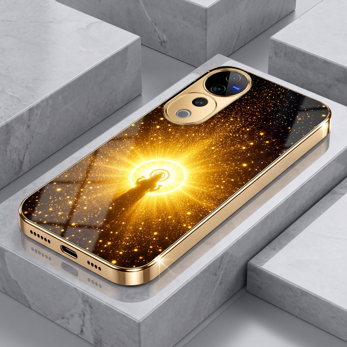 Vivo V40 Pro 5G Lakshmi Sacred Gold Electroplated Glass Phone Back Case