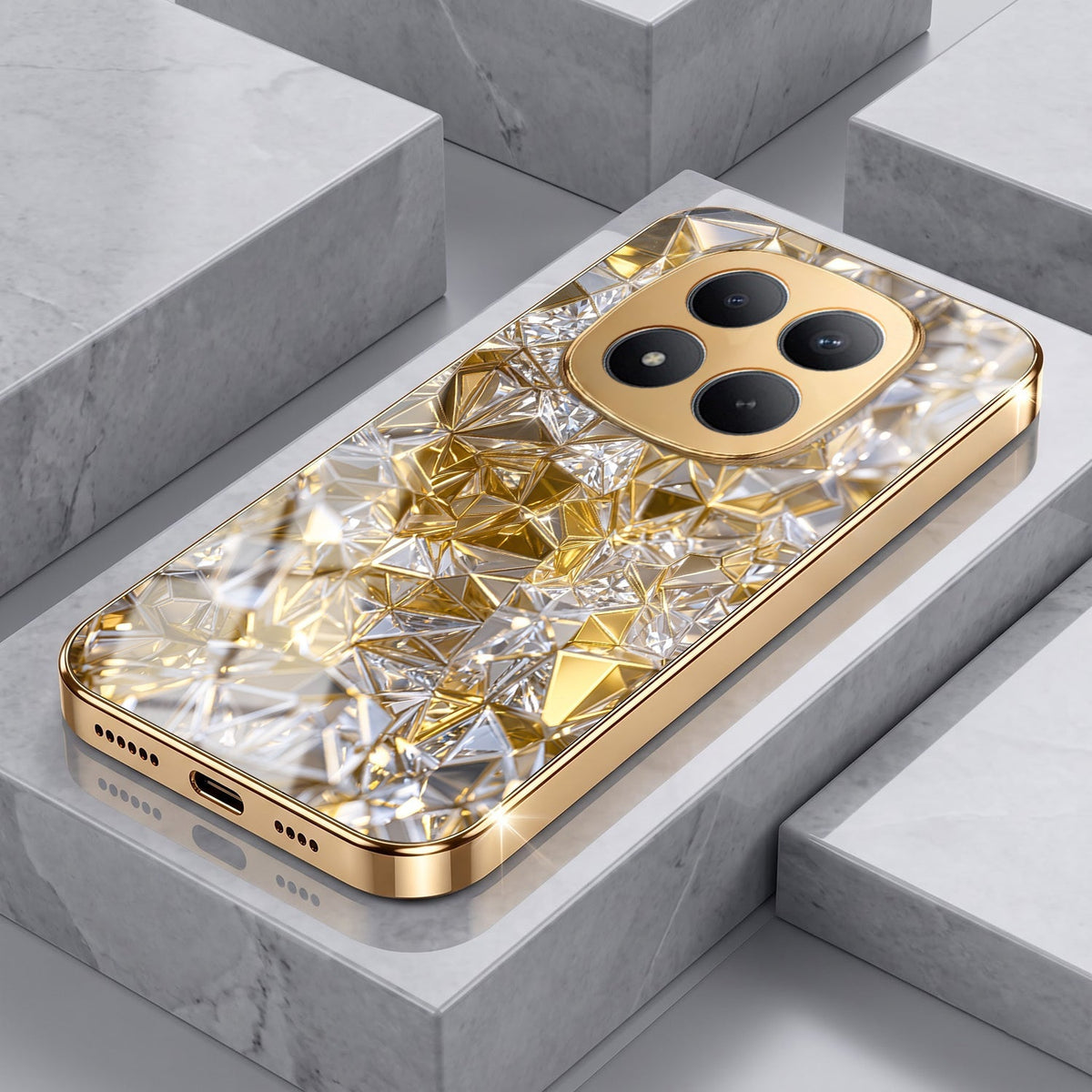 Redmi Note 15 Pro+ 5G White Diamond Shatter Gold Electroplated Glass Phone Back Case