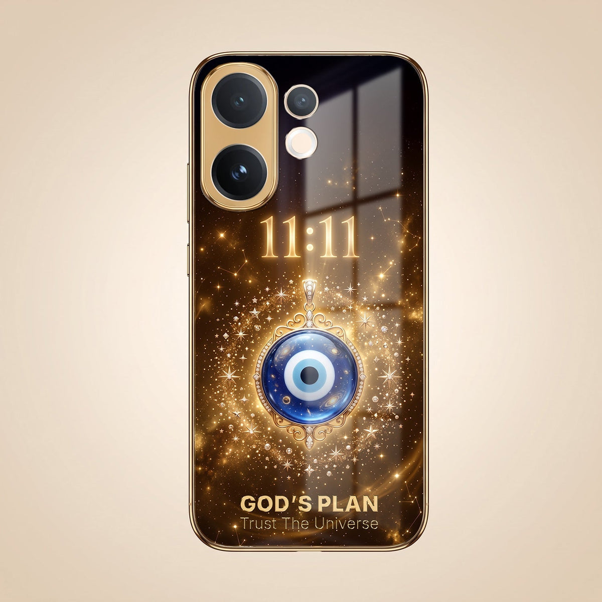 Vivo V60e 5G God’s Plan Evil Eye Gold Electroplated Glass Phone Back Case