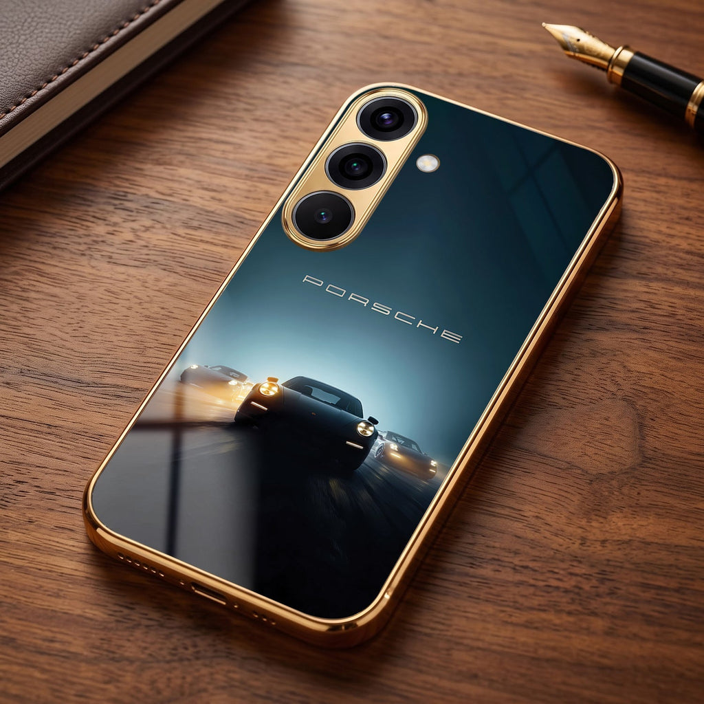 Samsung Galaxy A56 5G Porsche Luxury Gold Electroplated Glass Phone Back Case
