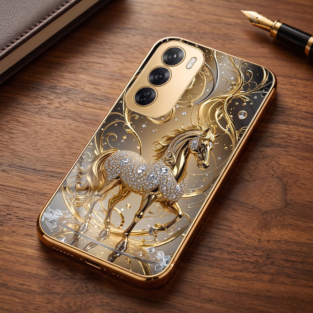 Oppo Reno 12 Pro 5G Luxury Horse Texture Gold Electroplated Glass Phone Back Case