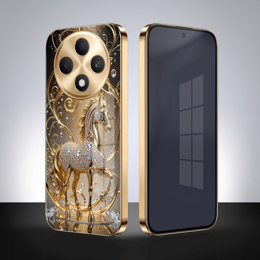 Oppo F27 Pro+ 5G Luxury Horse Texture Gold Electroplated Glass Phone Back Case