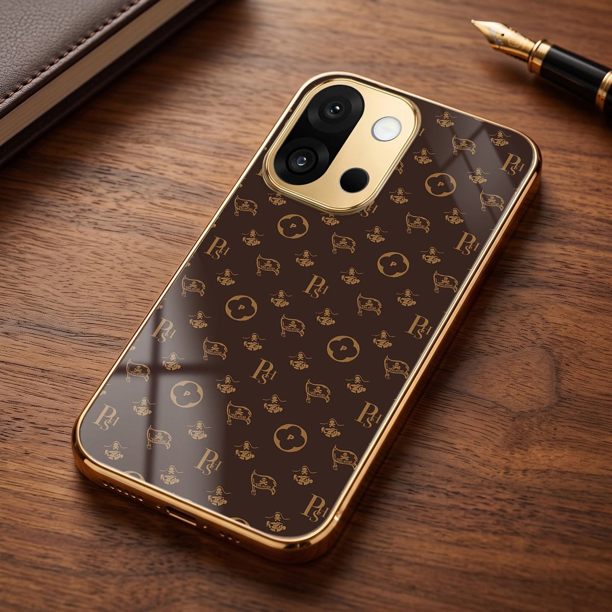 OnePlus 13s 5G Luxury Monogram Brown Gold Electroplated Glass Phone Back Case
