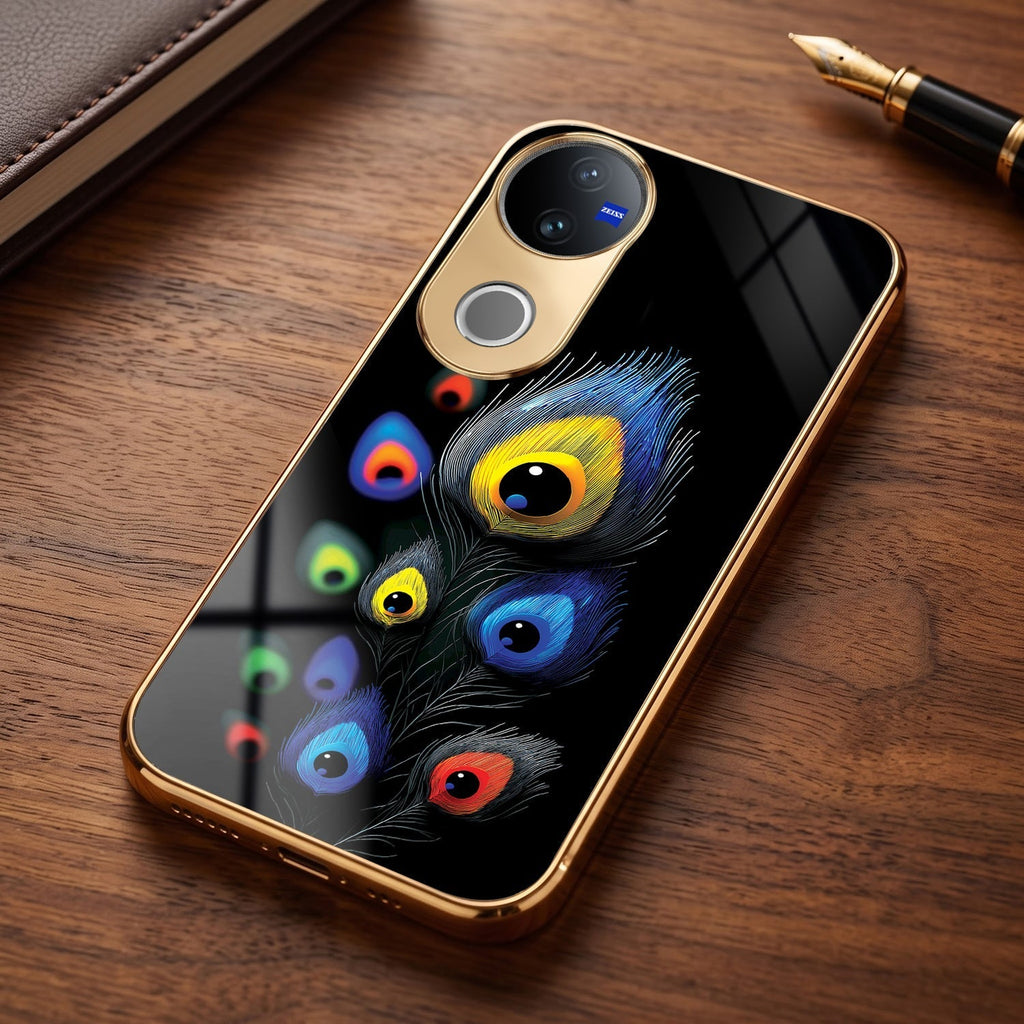 Vivo V50 5G Multi-Feather Peacock Gold Electroplated Glass Phone Back Case