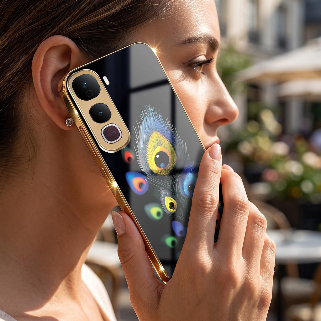 Vivo Y400 Pro 5G Multi-Feather Peacock Gold Electroplated Glass Phone Back Case