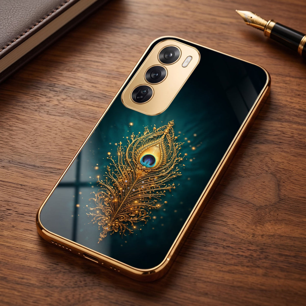 Oppo Reno 12 Pro 5G Golden Peacock Feather Gold Electroplated Glass Phone Back Case