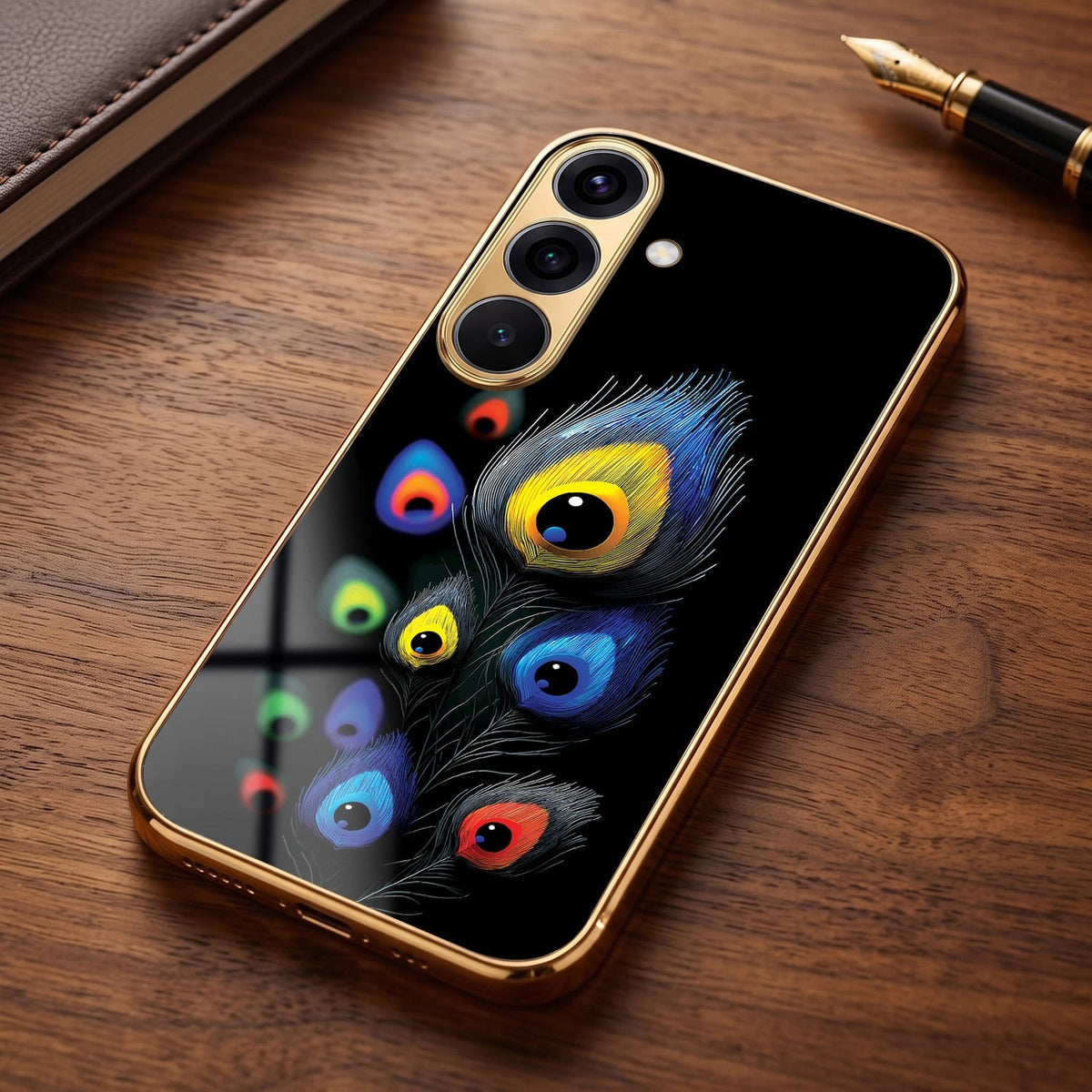 Samsung Galaxy A36 5G Multi-Feather Peacock Gold Electroplated Glass Phone Back Case
