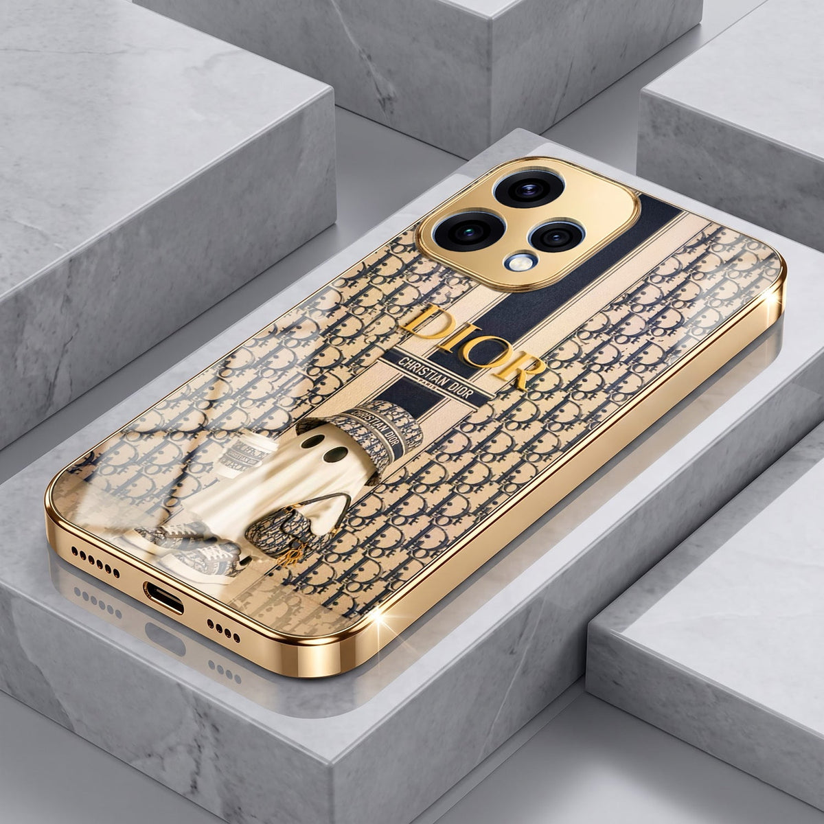 Oppo Reno 15 5G Luxury Dior Gold Electroplated Glass Phone Back Case