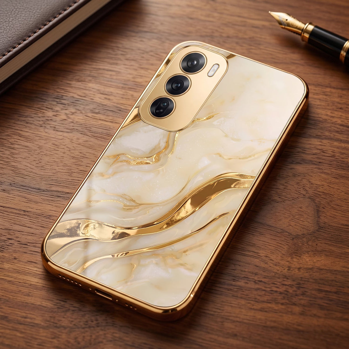 Oppo Reno 12 Pro 5G Marvel Texture Gold Electroplated Glass Phone Back Case