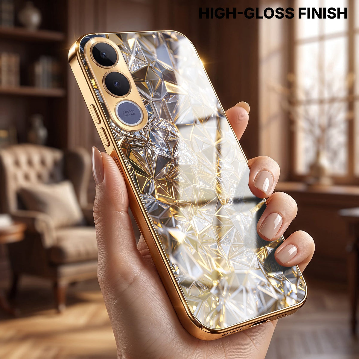 Vivo V70 FE 5G White Diamond Shatter Gold Electroplated Glass Phone Back Case