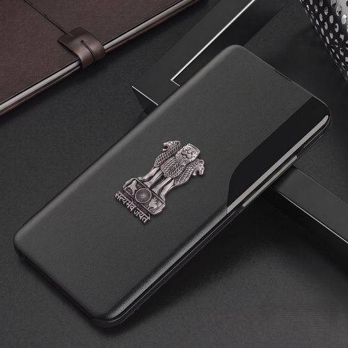 Vivo Y200 Pro 5G Metal Emblem Satyamev Jayate Half Window Leather Flip Case
