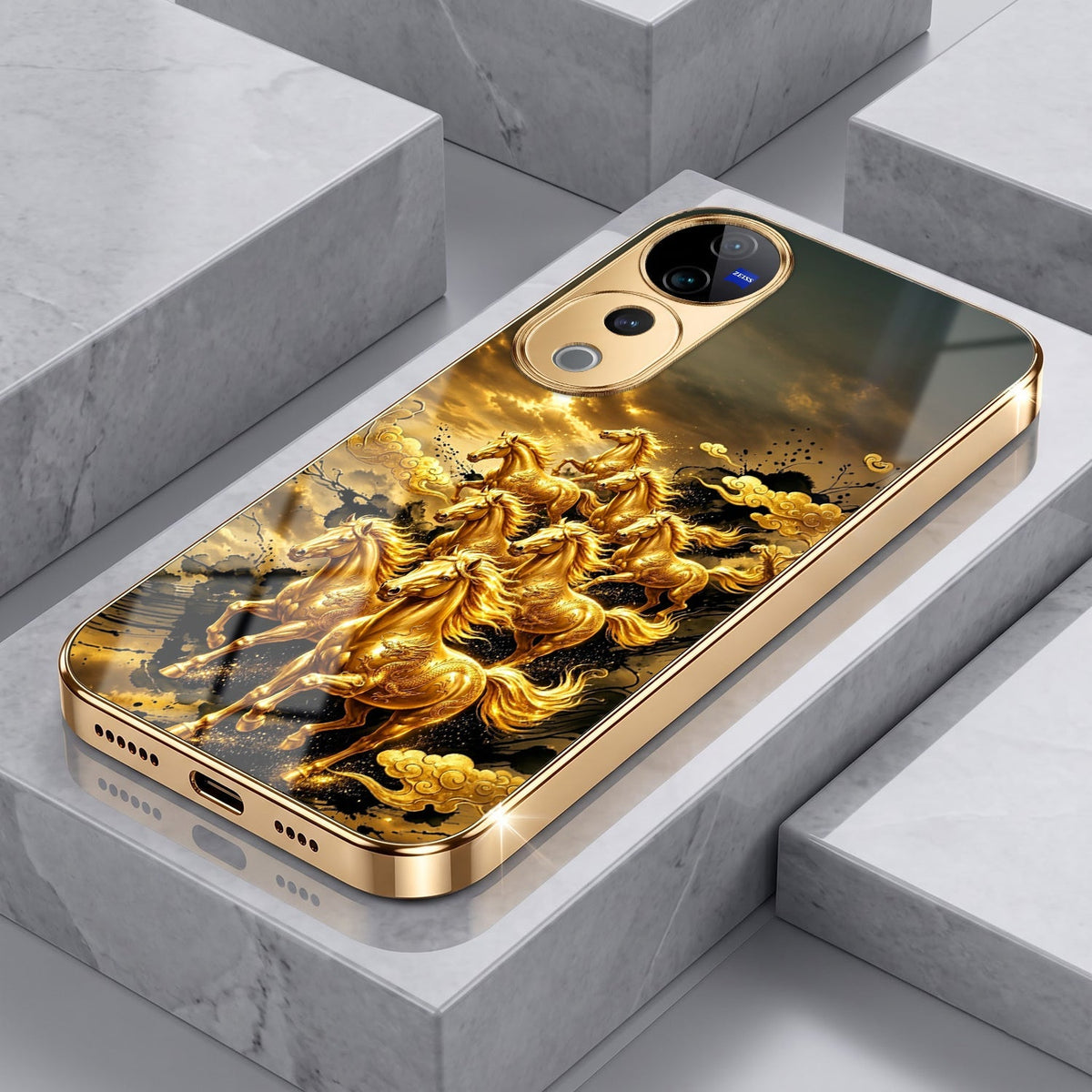 Vivo V40 Pro 5G Horses Royal Glory Gold Electroplated Glass Phone Back Case