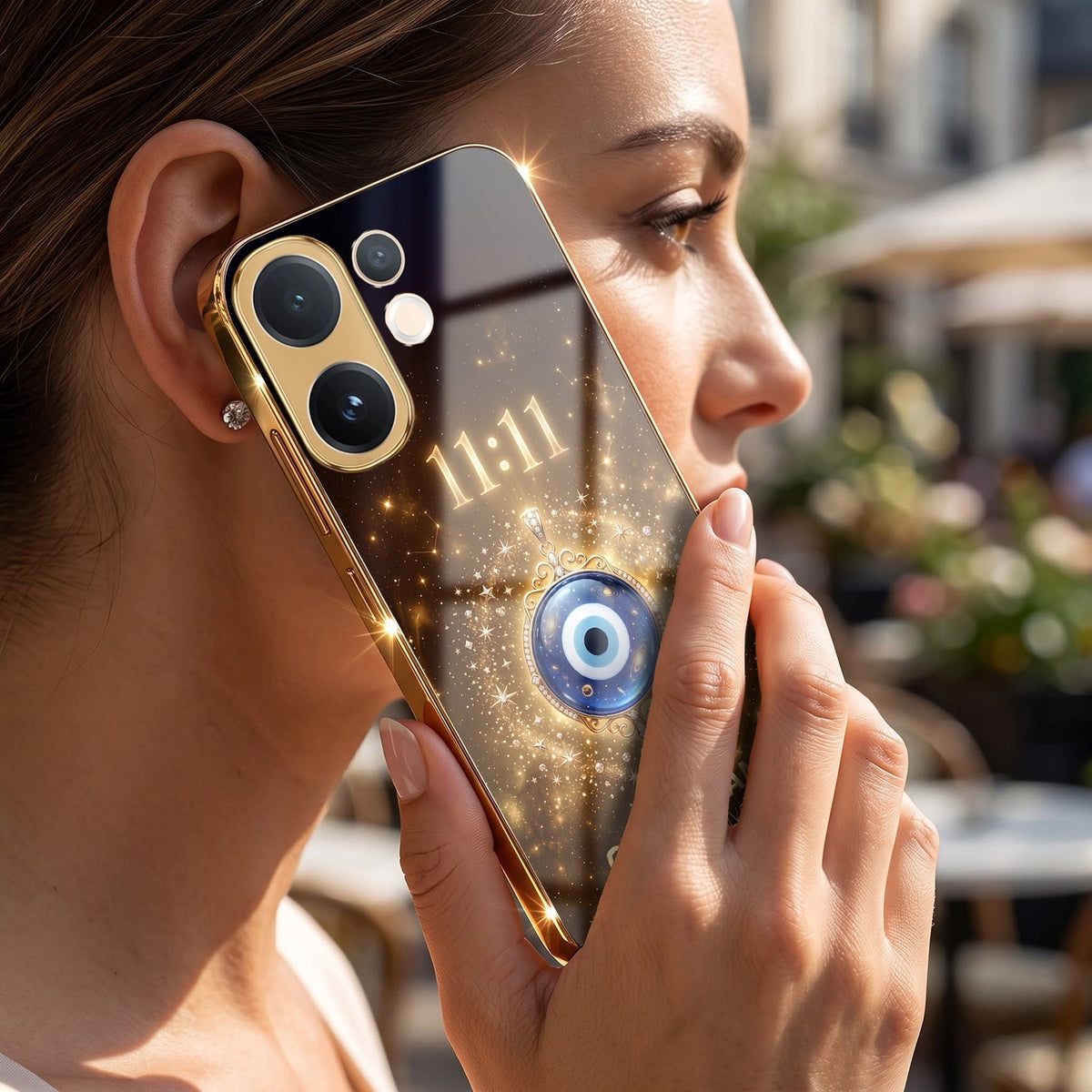 Vivo V60 5G God’s Plan Evil Eye Gold Electroplated Glass Phone Back Case