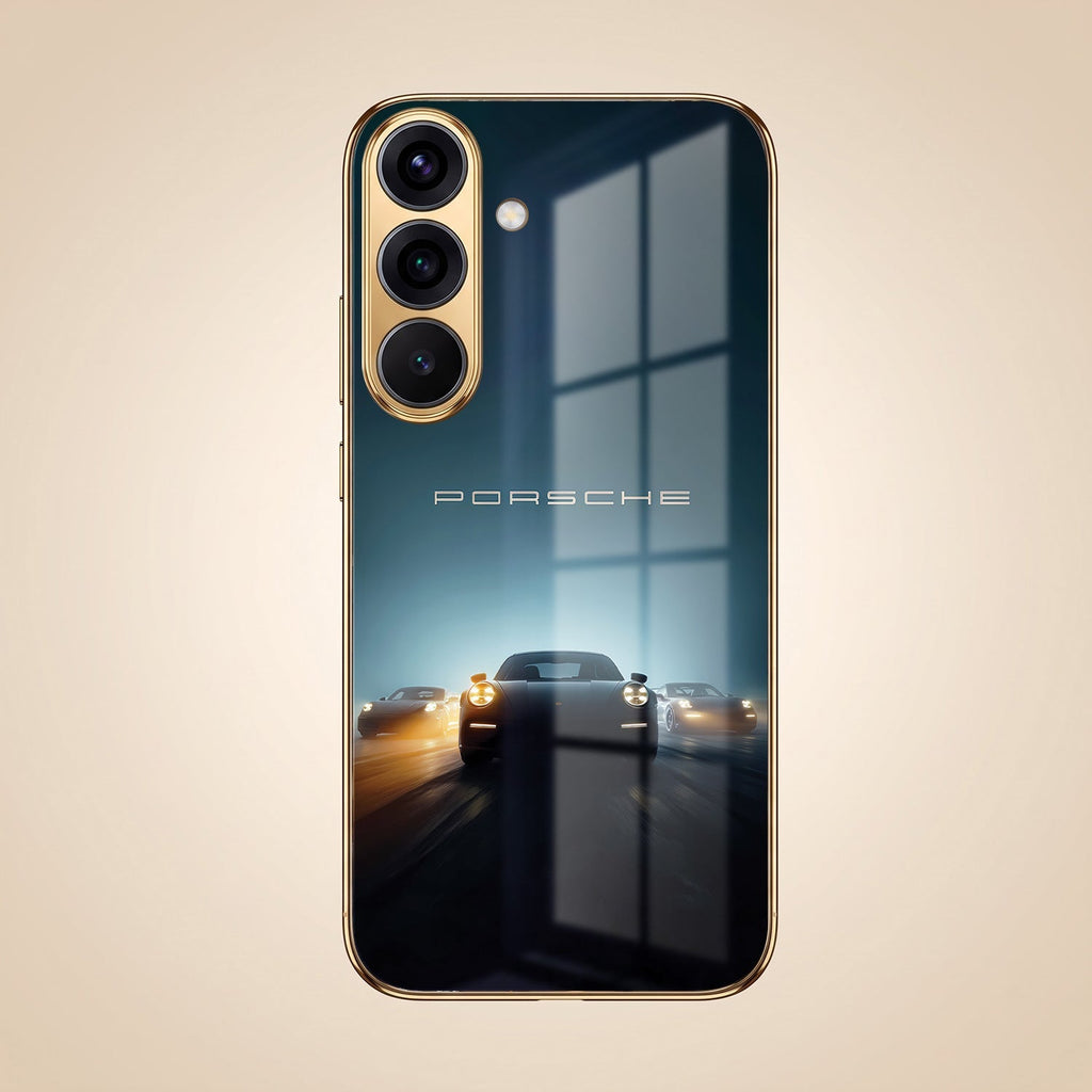 Samsung Galaxy A36 5G Porsche Luxury Gold Electroplated Glass Phone Back Case