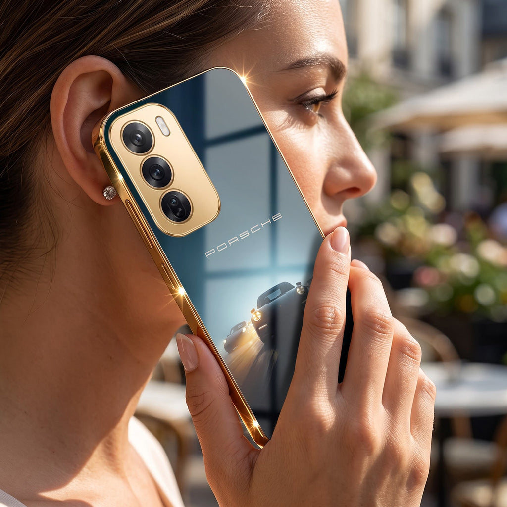 Oppo Reno 12 Pro 5G Porsche Luxury Gold Electroplated Glass Phone Back Case