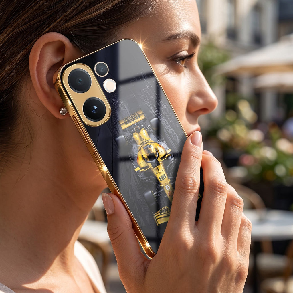 Vivo V60e 5G F1 Racing Car Gold Electroplated Glass Phone Back Case