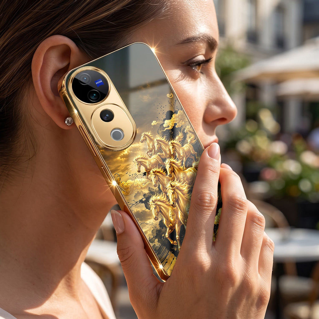 Vivo V40 Pro 5G Horses Royal Glory Gold Electroplated Glass Phone Back Case