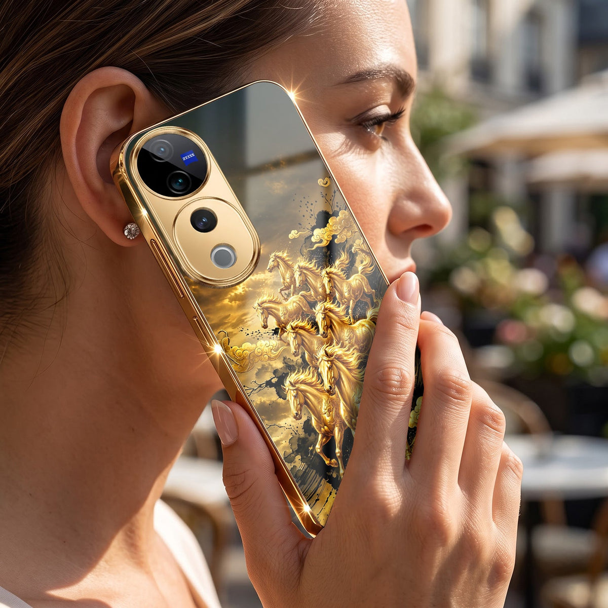 Vivo V40 Pro 5G Horses Royal Glory Gold Electroplated Glass Phone Back Case