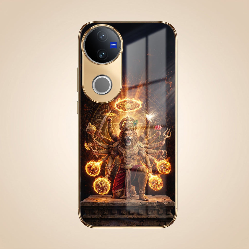 Vivo T4R 5G Lord Narasimha Gold Electroplated Glass Phone Back Case