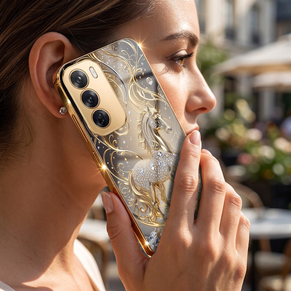 Oppo Reno 12 Pro 5G Luxury Horse Texture Gold Electroplated Glass Phone Back Case