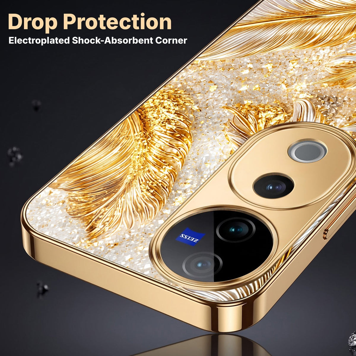 Vivo V40 Pro 5G Golden Feather Marble Gold Electroplated Glass Phone Back Case