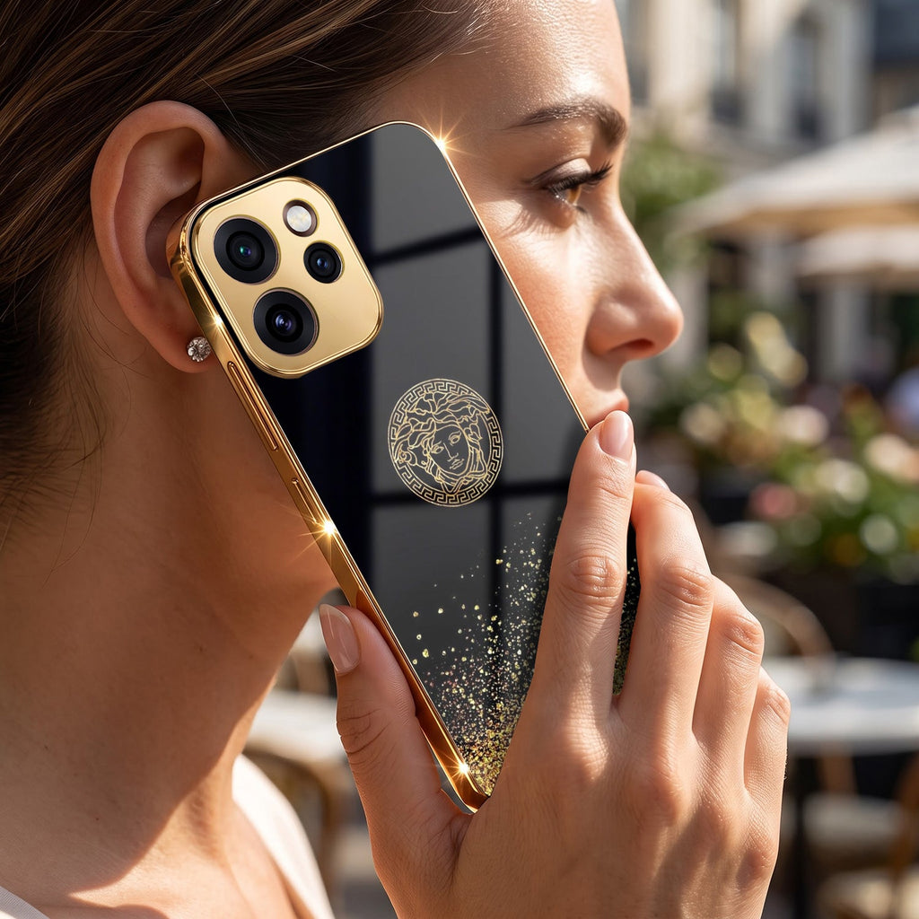Oppo Reno 15 Pro Mini 5G Medusa Head Gold Electroplated Glass Phone Back Case