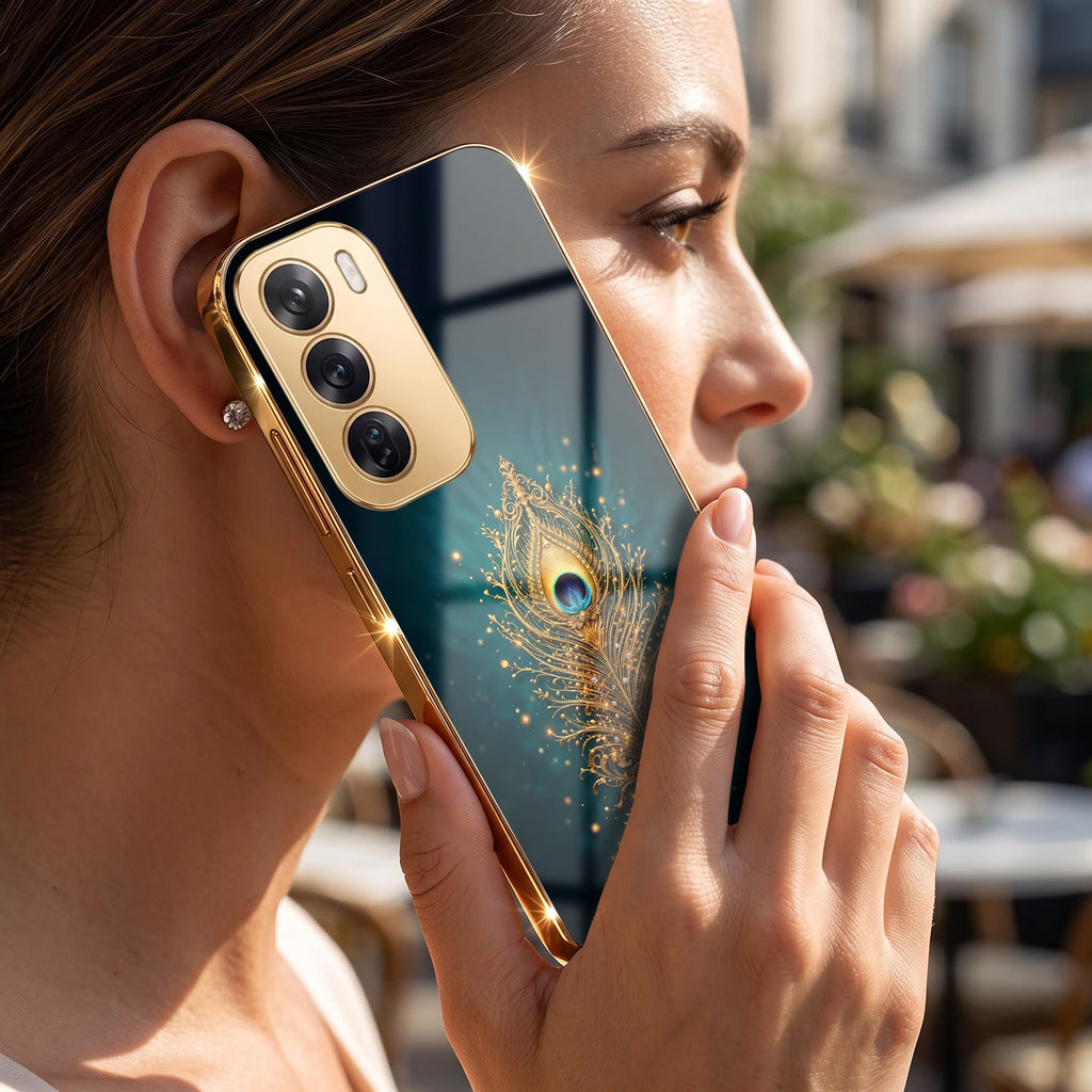 Oppo Reno 12 Pro 5G Golden Peacock Feather Gold Electroplated Glass Phone Back Case