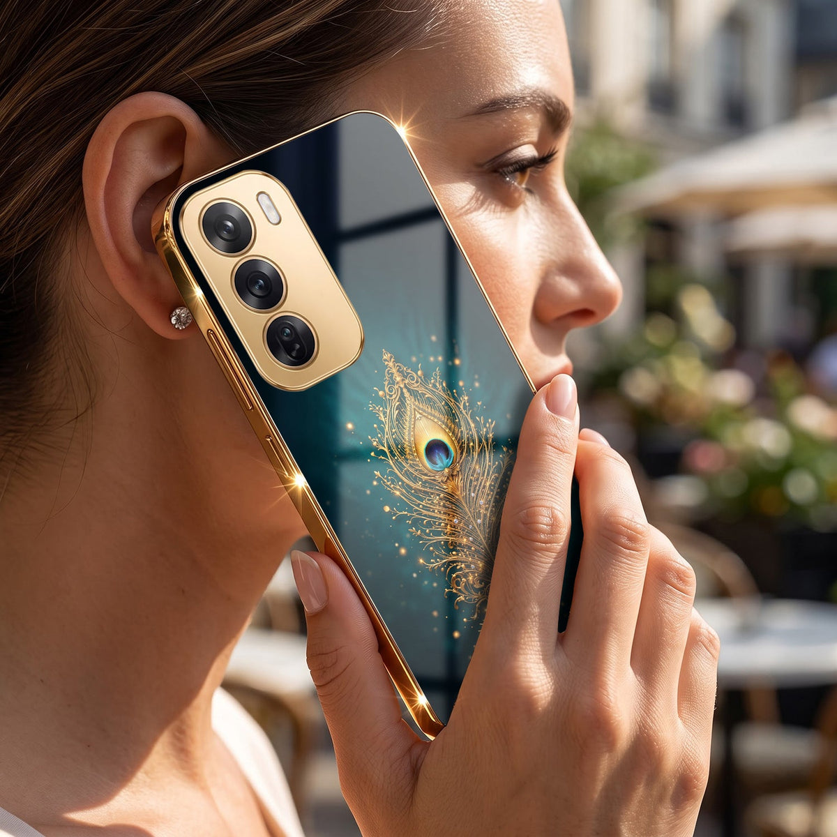 Oppo Reno 12 Pro 5G Golden Peacock Feather Gold Electroplated Glass Phone Back Case