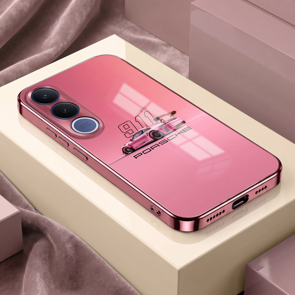 Vivo V70 FE 5G Luxury Porsche 911 Pink Electroplated Glass Phone Back Case