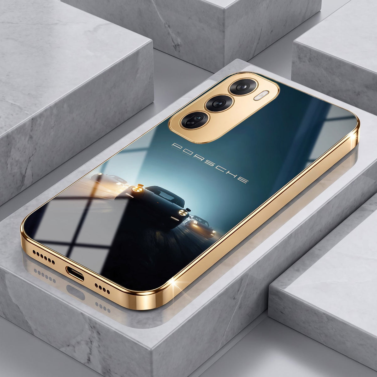 Oppo Reno 12 Pro 5G Porsche Luxury Gold Electroplated Glass Phone Back Case