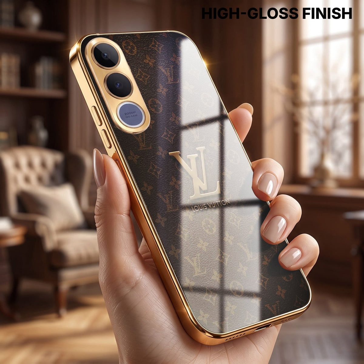 Vivo V70 FE 5G LV Brown Monogram Gold Electroplated Glass Phone Back Case