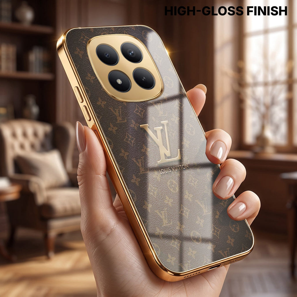Redmi Note 15 Pro+ 5G LV Brown Monogram Gold Electroplated Glass Phone Back Case