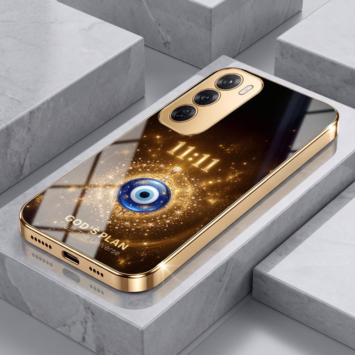 Oppo Reno 12 Pro 5G God’s Plan Evil Eye Gold Electroplated Glass Phone Back Case