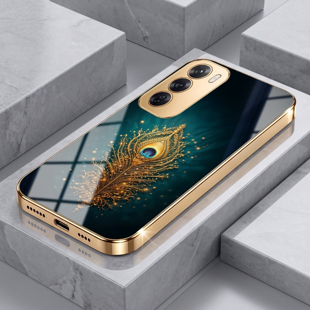 Oppo Reno 12 Pro 5G Golden Peacock Feather Gold Electroplated Glass Phone Back Case