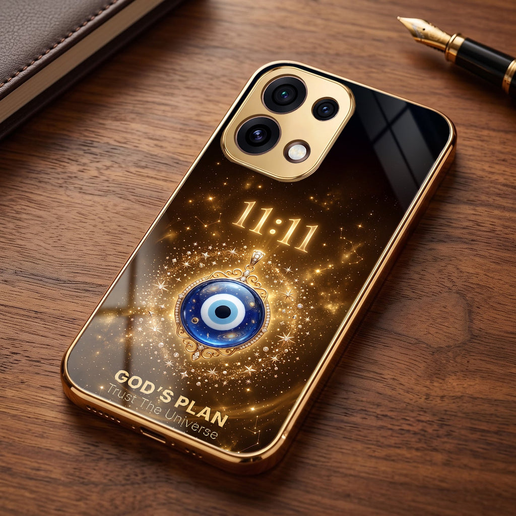Oppo Reno 16C 5G God’s Plan Evil Eye Gold Electroplated Glass Phone Back Case