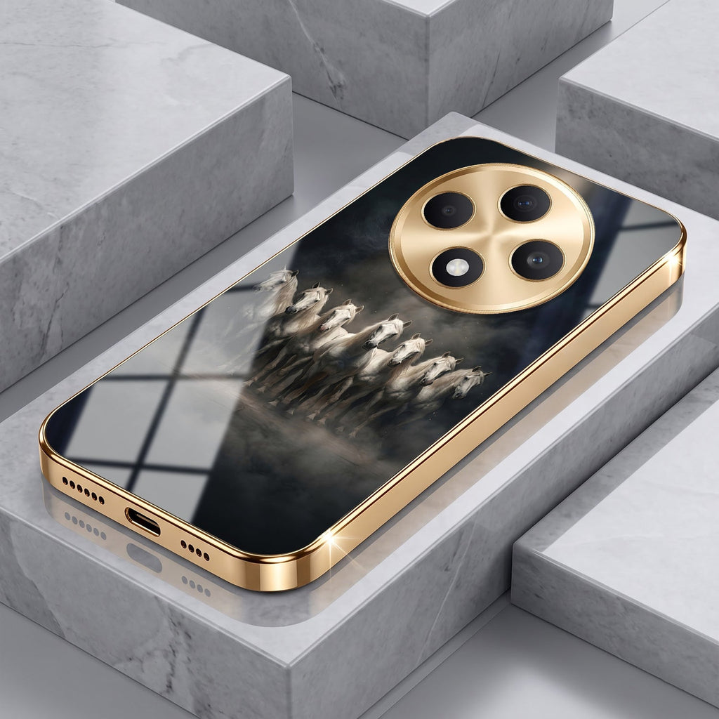 Oppo F27 Pro+ 5G Running Horses Gold Electroplated Glass Phone Back Case