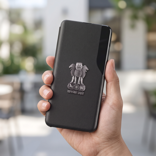Vivo Y28 5G Metal Emblem Satyamev Jayate Half Window Leather Flip Case
