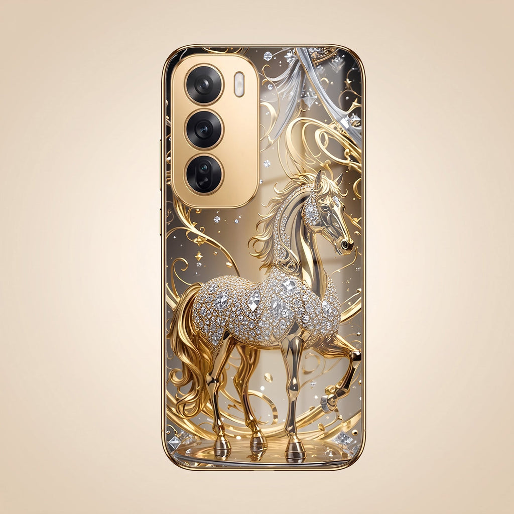 Oppo Reno 12 Pro 5G Luxury Horse Texture Gold Electroplated Glass Phone Back Case