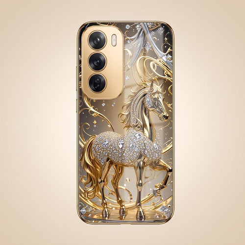 Oppo Reno 12 Pro 5G Luxury Horse Texture Gold Electroplated Glass Phone Back Case