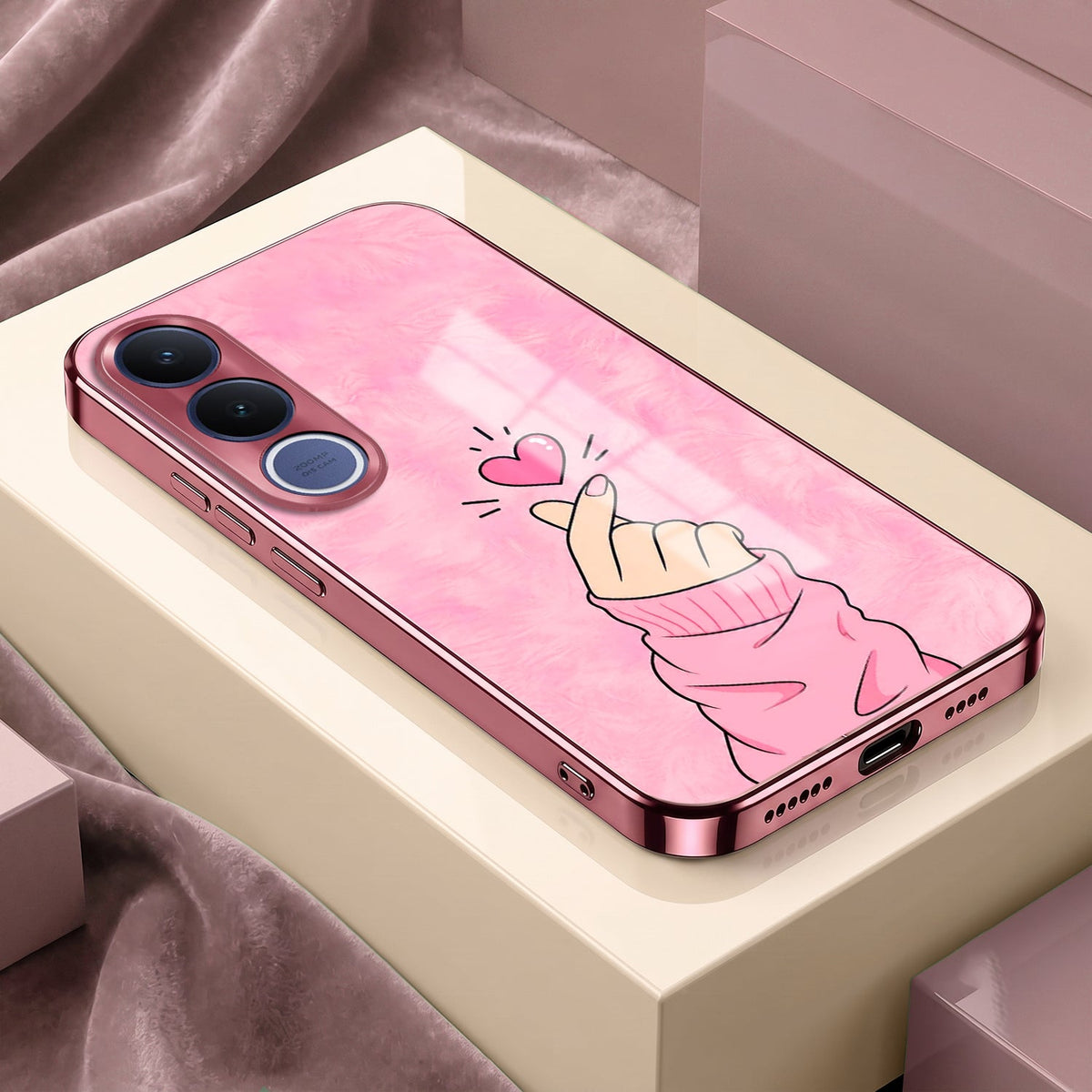Vivo V70 FE 5G Luxury Heart Pink Electroplated Glass Phone Back Case