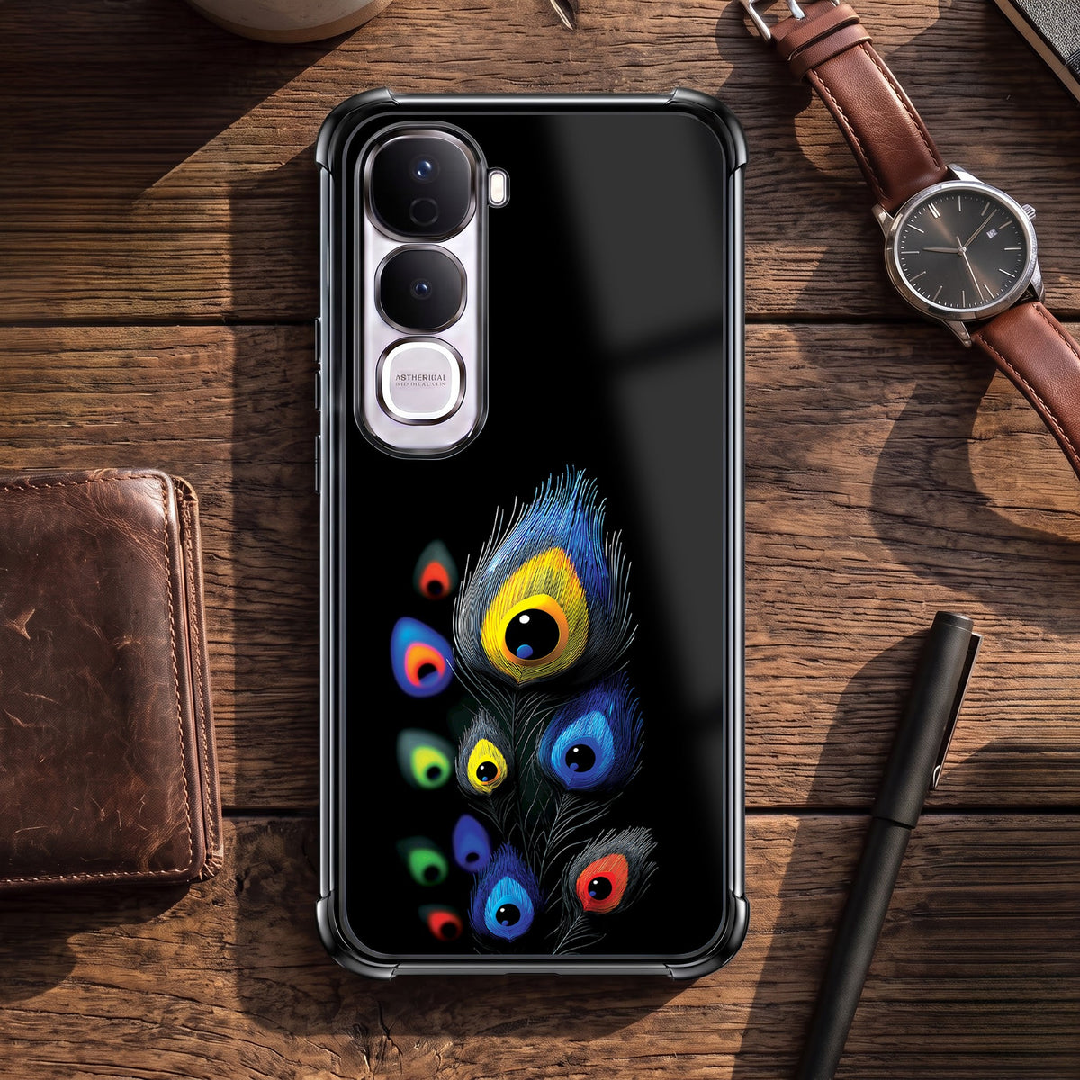 Vivo Y400 Pro 5G Multi-Feather Peacock Black Airbags Printed Back Case