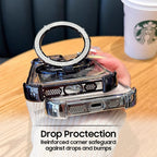 A clear plastic phone case with a rotating wheel design on the back, held in a person's hand.