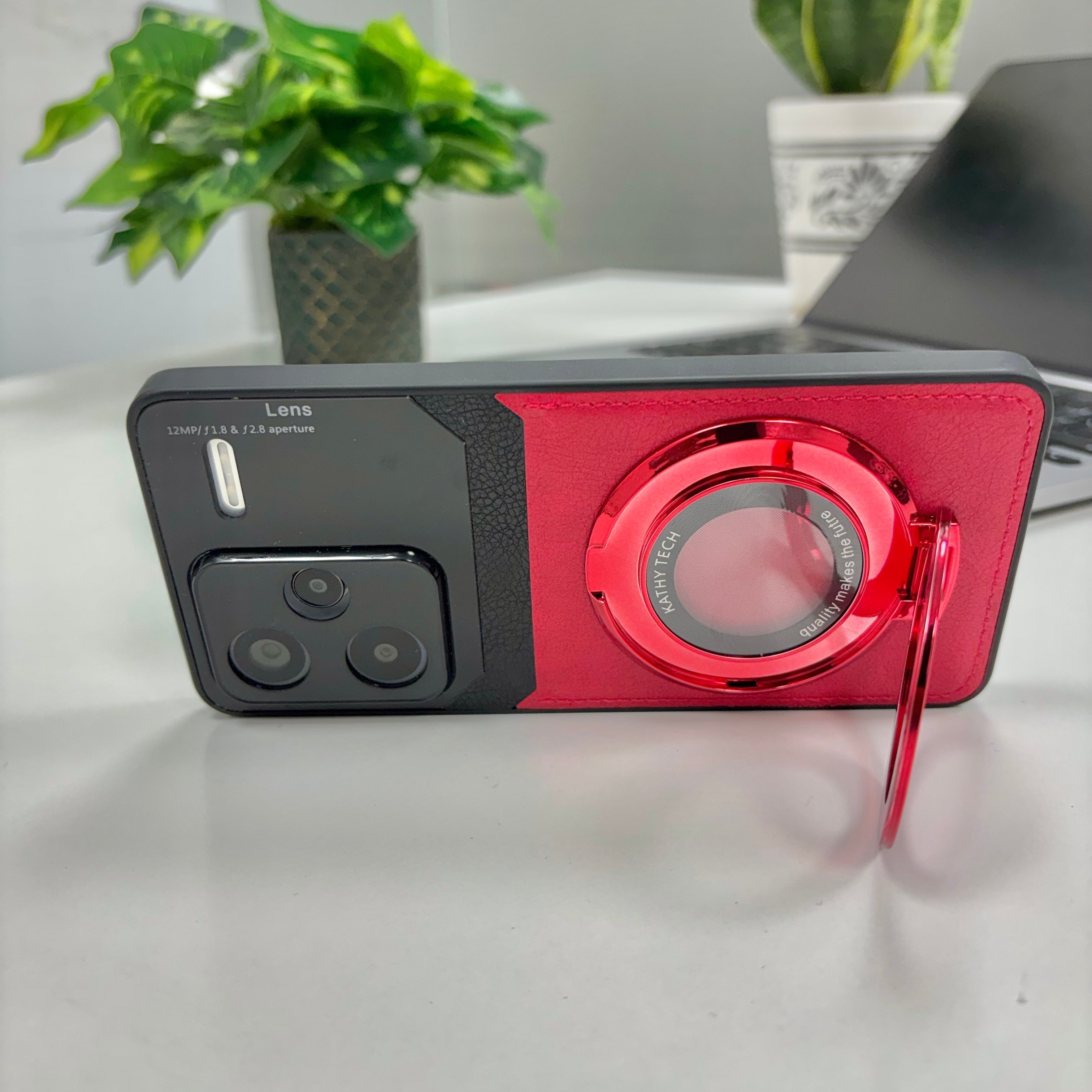 Redmi Note 13 Pro+ 5G Original Luxury Leather Lens Magnifier Ring Stand Case