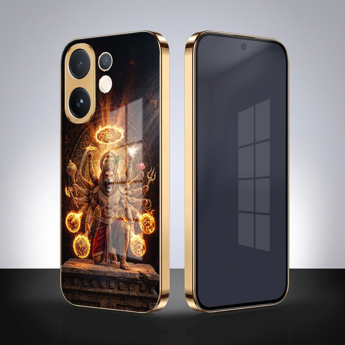 Vivo V60e 5G Lord Narasimha Gold Electroplated Glass Phone Back Case