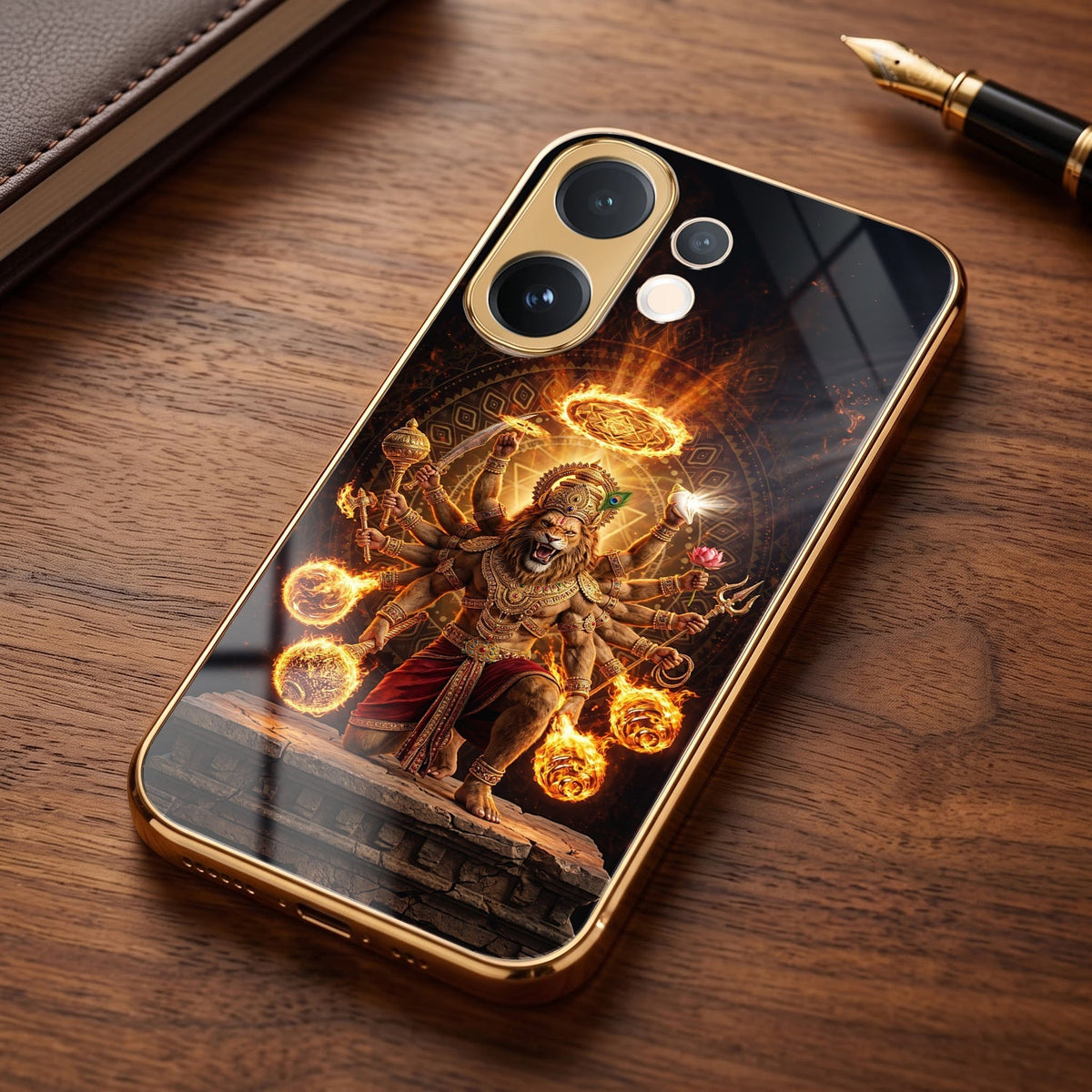Vivo V60e 5G Lord Narasimha Gold Electroplated Glass Phone Back Case