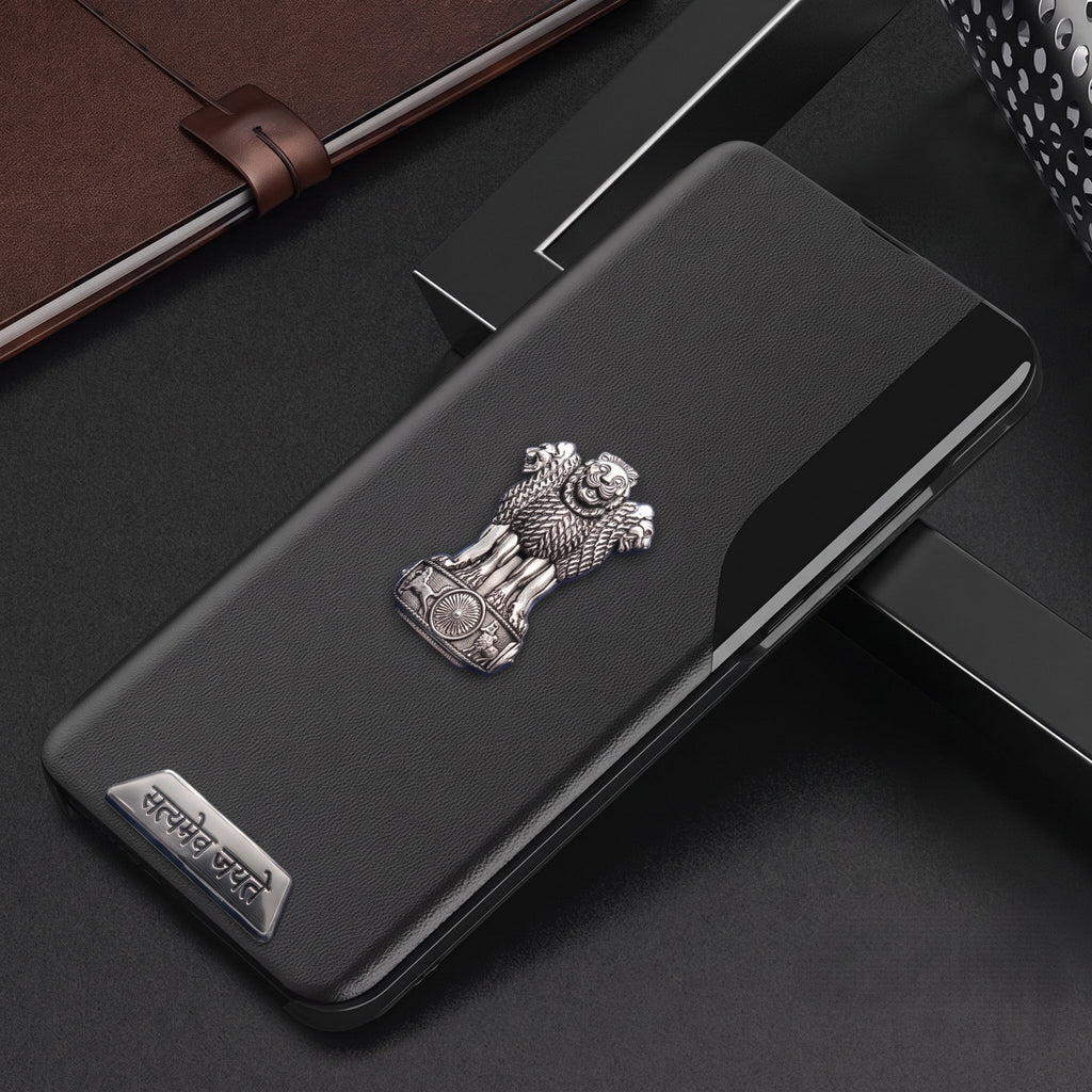 Vivo Y200 Pro 5G Metal Satyamev Jayate 2-in-1 Emblem Half-Window Leather Flip Case