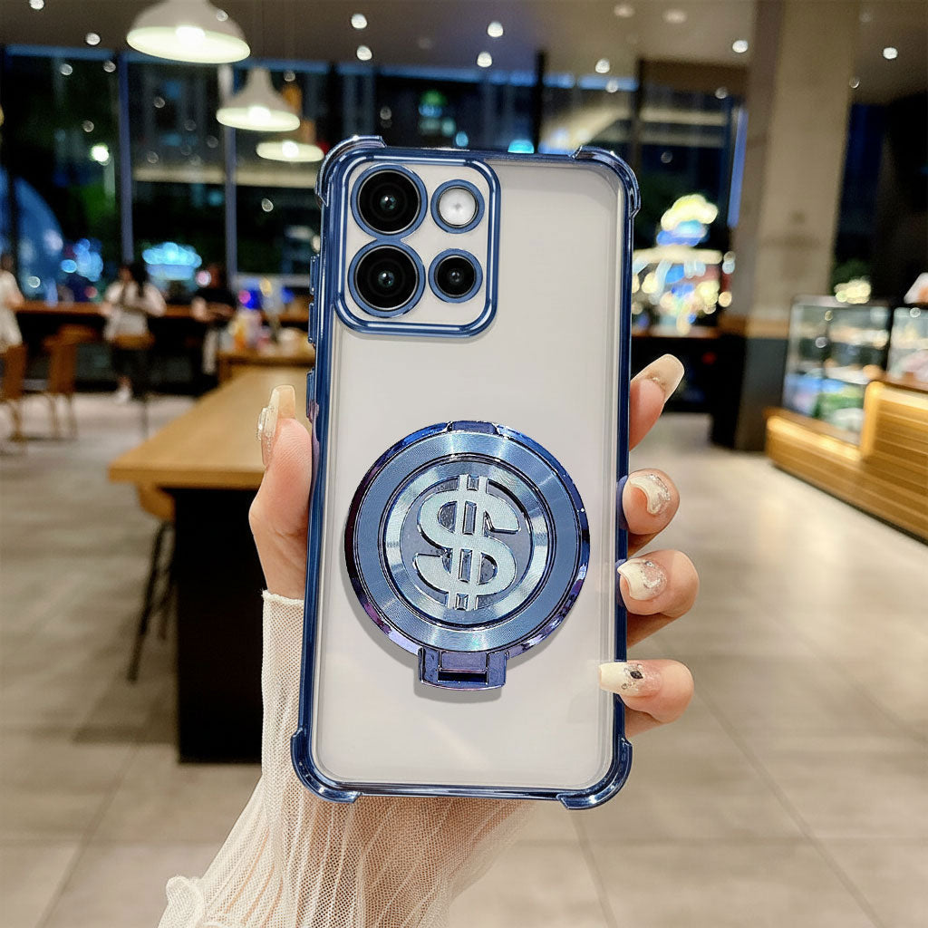 Phone case with dollar sign design held by a person in an indoor setting