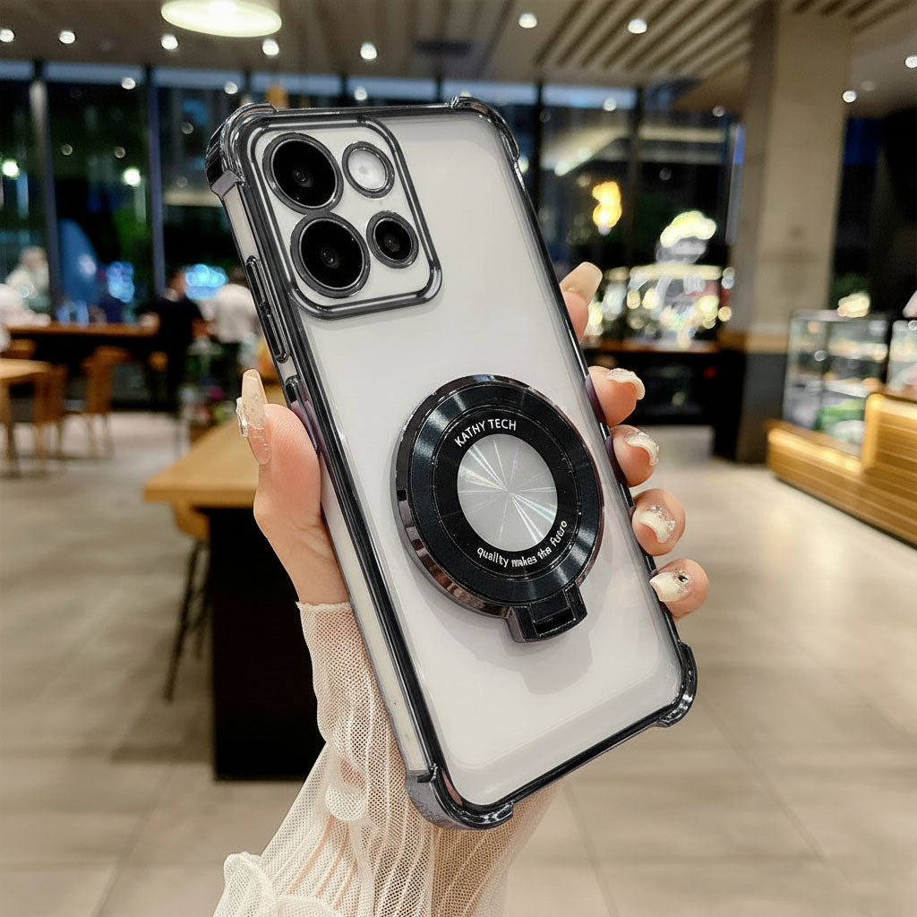 Phone case with ring holder held by a hand in a blurred indoor setting